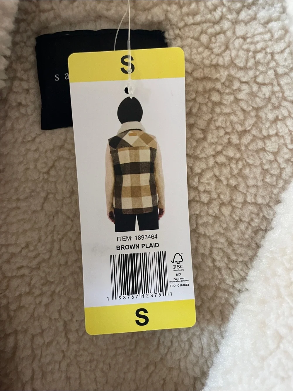 NWT Sanctuary Plush Sherpa-Collar Plaid Vest in Cream & Brown Front Zipper - S - Picture 3 of 6